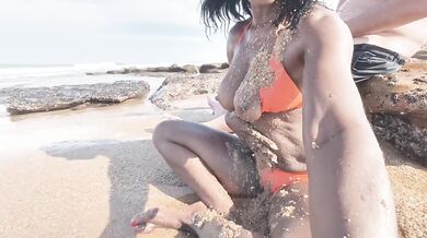 Ebony milf rides hung dick teasing while beach voyeurs watch