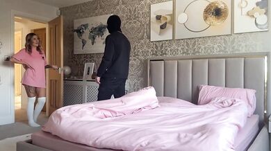 Defenseless blonde gets fucked raw by masked thief while hubby sleeps next door