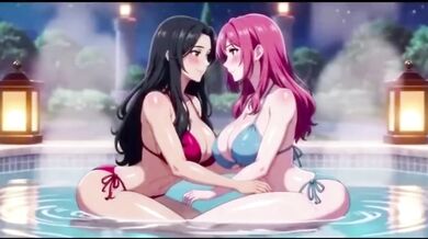 Two lesbian girls soaking in steaming baths then pulsing apart leaking lewd squirts Hentai