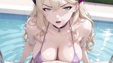Blonde rich girl gets ass plowed by pool boy doggy style while boyfriend gapes Hentai POV