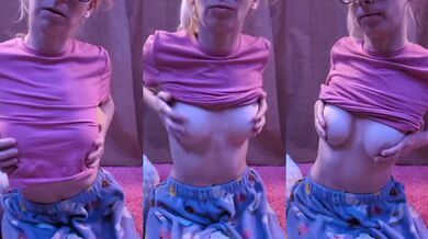 Blonde little demon fingers her big titties in PJs