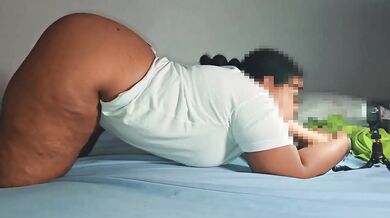 Ebony glasses choked dildo deepthroat in doggy position big ass solo blowjob