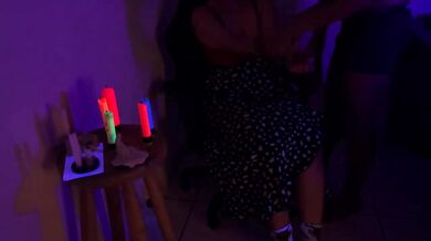 Wax play on her legs drips down amateur couple’s thighs