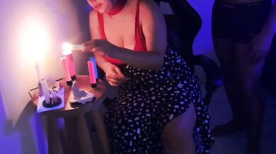 Wax play on her legs drips down amateur couple’s thighs