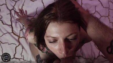 Redhead deepthroats big dick then gets cum in her mouth and all over her chest