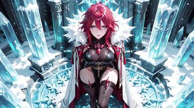Ice Queen screams seductive as red-haired sorceress teases crystal hall entrance with parted robe