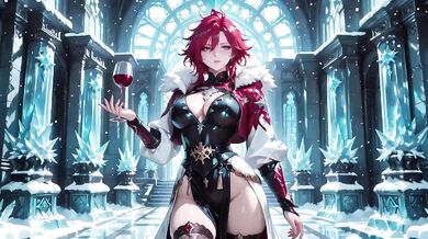 Ice Queen screams seductive as red-haired sorceress teases crystal hall entrance with parted robe