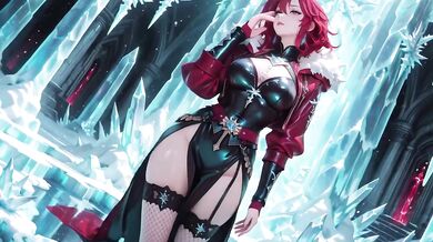 Ice Queen screams seductive as red-haired sorceress teases crystal hall entrance with parted robe