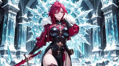 Ice Queen screams seductive as red-haired sorceress teases crystal hall entrance with parted robe