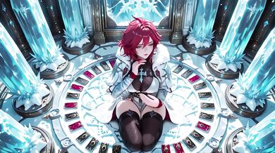 Ice Queen screams seductive as red-haired sorceress teases crystal hall entrance with parted robe