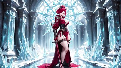 Ice Queen screams seductive as red-haired sorceress teases crystal hall entrance with parted robe