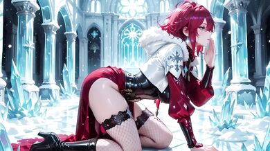 Ice Queen screams seductive as red-haired sorceress teases crystal hall entrance with parted robe