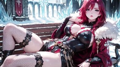 Ice Queen screams seductive as red-haired sorceress teases crystal hall entrance with parted robe