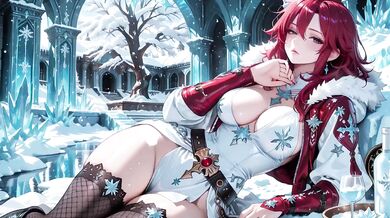 Ice Queen screams seductive as red-haired sorceress teases crystal hall entrance with parted robe