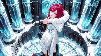 Ice Queen screams seductive as red-haired sorceress teases crystal hall entrance with parted robe