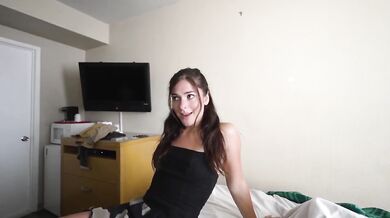 Slutty stepsis shares a hotel bed and gags on my cock