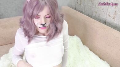 Purple haired teen gags on thick dick stuffed in shiny pantyhose