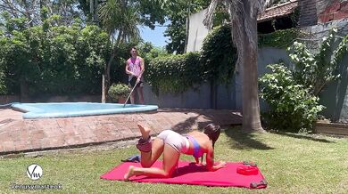 Hot MILF gets destroyed after workout with rough doggy style cumshot in garden