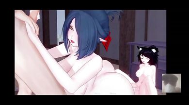 Demon slayer wrecks big boobed lady with her futa friend Rough cartoon double penetration