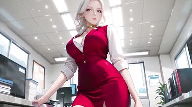 Blonde secretary's tight red dress office fantasy teased by beige suit