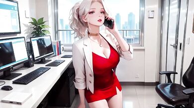 Blonde secretary's tight red dress office fantasy teased by beige suit