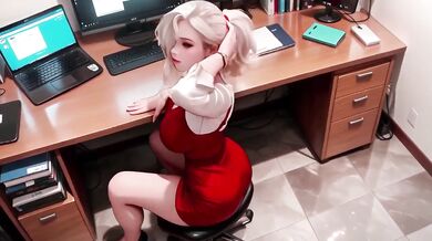 Blonde secretary's tight red dress office fantasy teased by beige suit