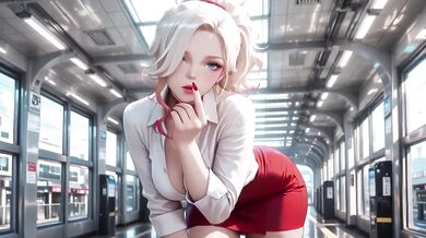 Blonde secretary's tight red dress office fantasy teased by beige suit
