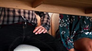Risky Handjob Under The Table Leaks Big Load During Dinner
