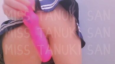 Slapping a monster dildo stuffed with virgin cum between a japanese schoolgirl's thighs