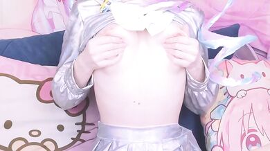 Shy cutie pleasures her tight pussy with a dildo in anime cosplay