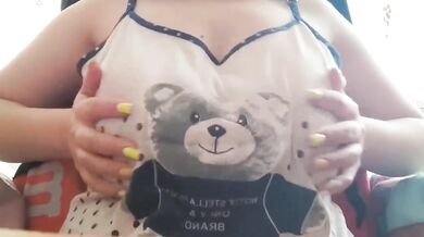 Busty student moans as she fingerfucks her huge natural tits while studying