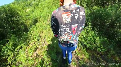 Tiny redhead in tight blue leggings lures me into the forest for risky outdoor blowjob and creampie