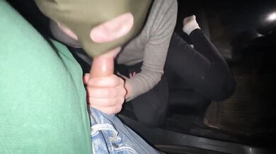 Public blowjob to a stranger in the car masked smoking cum in condom