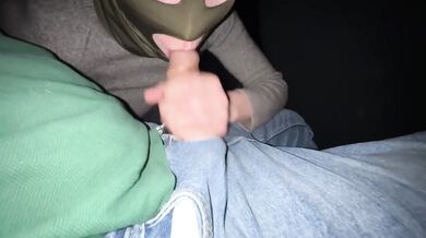 Public blowjob to a stranger in the car masked smoking cum in condom
