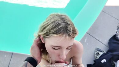 Asian man destroys blonde poolside with his tattooed cock