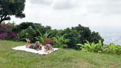 Squirting slut Naty Delgado ruined by juicy cucumber on picnic day