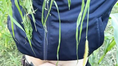 Cowgirl on a scarecrow pounding her tight pussy in public view