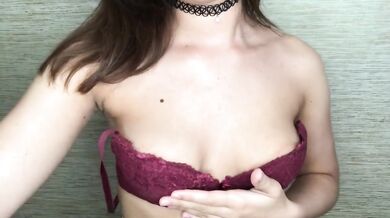 Hot brunette tease strips tight teats with spit and hunger