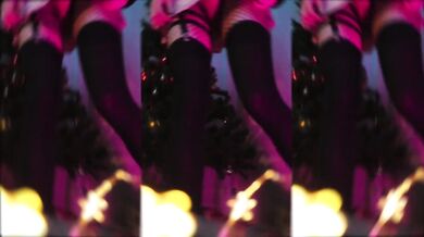 Schoolgirl decorating Christmas tree bare underneath tearing through fishnets