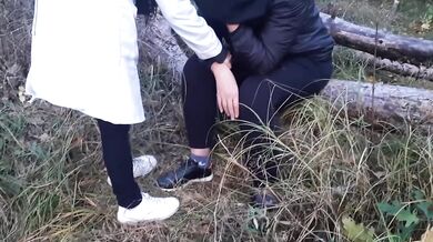Lesbian doctor fucked hard in public while Russian moans fill the forest
