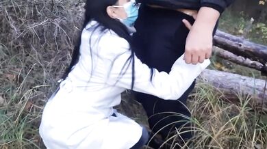 Lesbian doctor fucked hard in public while Russian moans fill the forest