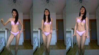 Pinky dances on her slim legs until her tight latina pussy drips