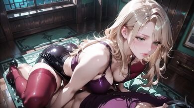 Blonde bombshell in purple lingerie deepthroats on shiny skirt red stockings