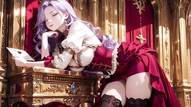 Lazy Queen on Golden Throne Gushes in Red Gown Haute Couture Tease