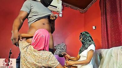 Hijabi housegirl destroyed by madam and husband using her wet mouth and dripping pussy