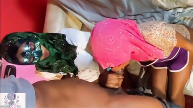Hijabi housegirl destroyed by madam and husband using her wet mouth and dripping pussy