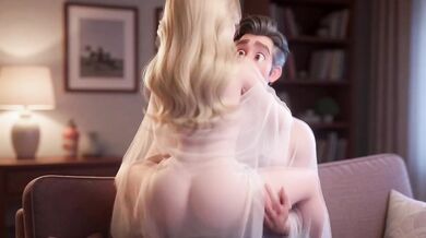 Stepdad fucks blonde stepdaughter on couch cumshot