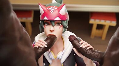 Tracer & Kiriko share a big black cock in sloppy double blowjob 3D threesome ride