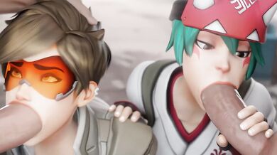 Tracer & Kiriko Sharing Dick Blowjob Cowgirl 3D Overwatch Animation