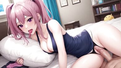 Pink haired sporty girl’s sloppy titfuck creampie ruined by big jugs